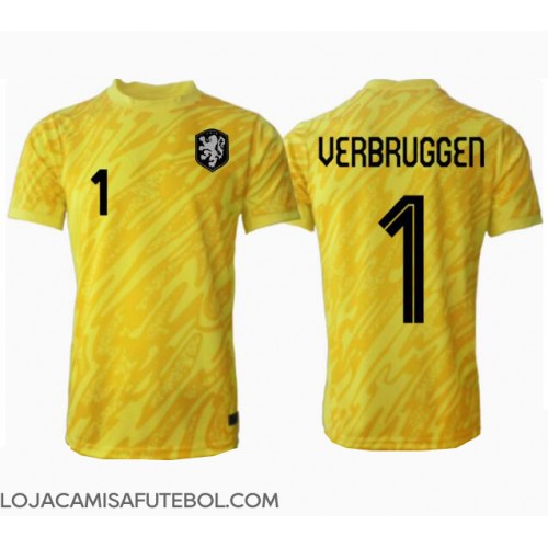 Camisa de Futebol Holanda Bart Verbruggen #1 Goleiro Equipamento Secundário Europeu 2024 Manga Curta